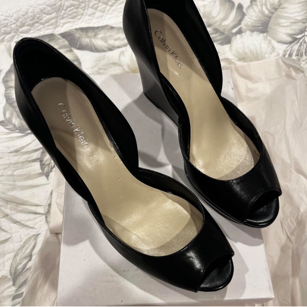 Calvin Klein black leather open toe wedge heel
